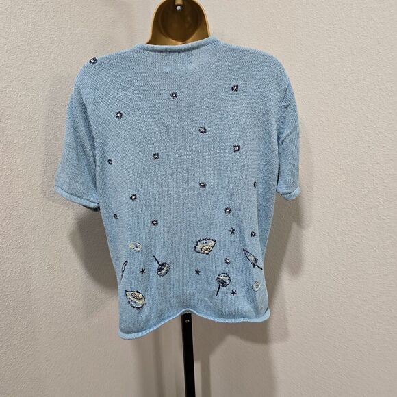 Vtg Blue Embroidered Cardigan Sweater Womens Lg Cottage Linen Blend Short Sleeve - Picture 5 of 8